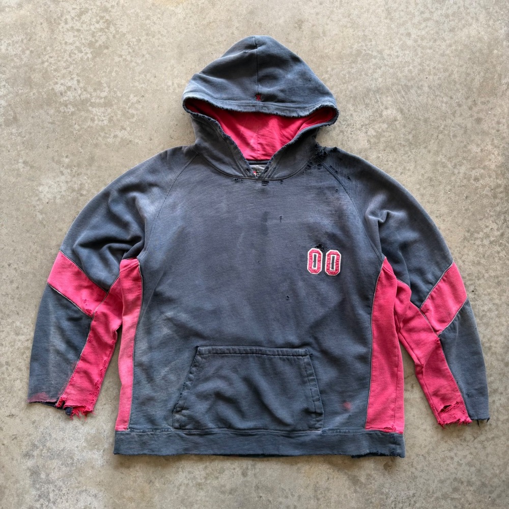 Industrial Exchange Mens Thrashed Faded Hoodie Navy & Red Distressed Y2K